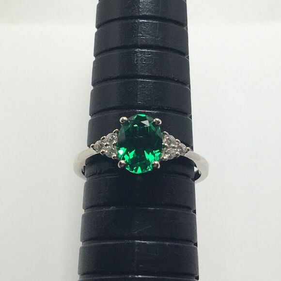 Sterling Silver Ring 925 Cubic Zirconia Size 7 Emerald Green & Clear CZ - Picture 4 of 13